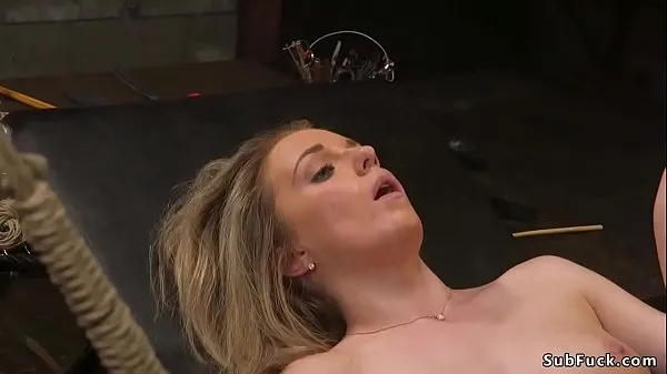 Watch Gagged blonde slut Kate Kennedy with small tits tied is tormented by muscled and tattooed master then anal fucked balls deep in dungeon energy Clips